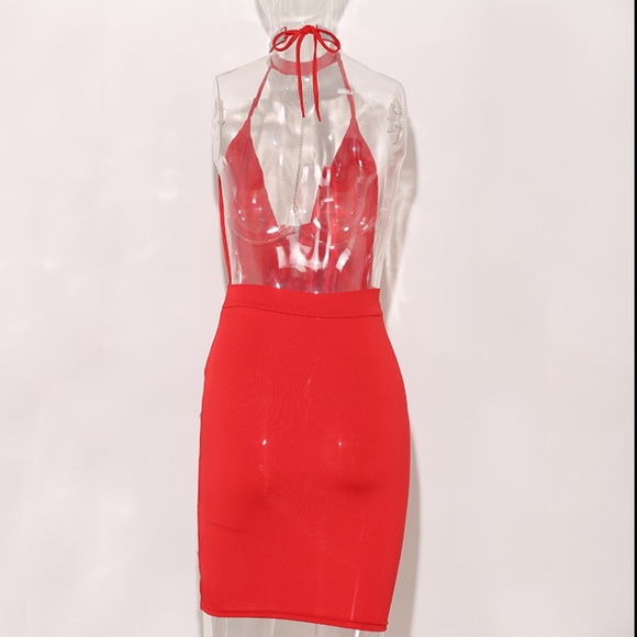 Red draped neck dress with side split - Picture 4 of 6